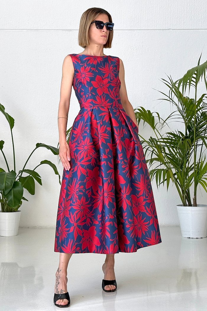 Floral Rot Blau V-Ausschnitt Rücken Kleid - 46