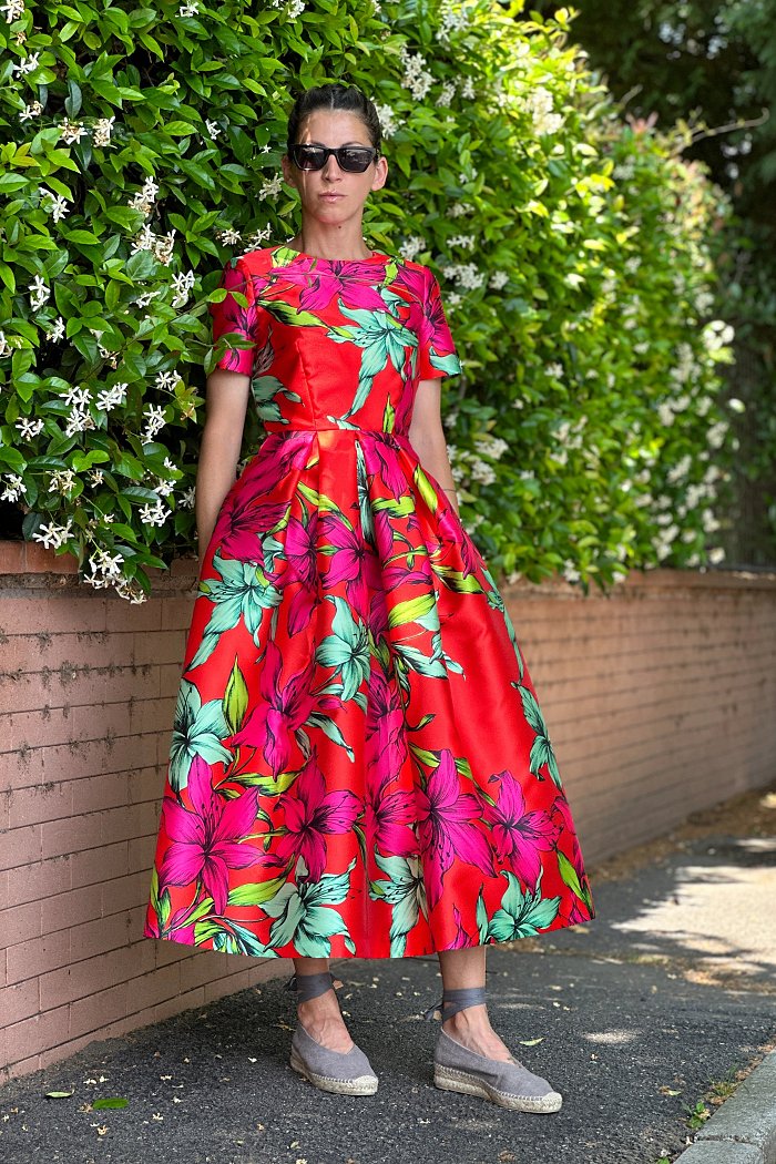 Flower Red Sleeves Dress - 44